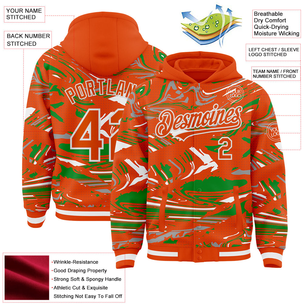 Custom Figure Orange Grass Green-White Fluid Pattern Bomber Full-Snap Varsity Letterman Hoodie Jacket