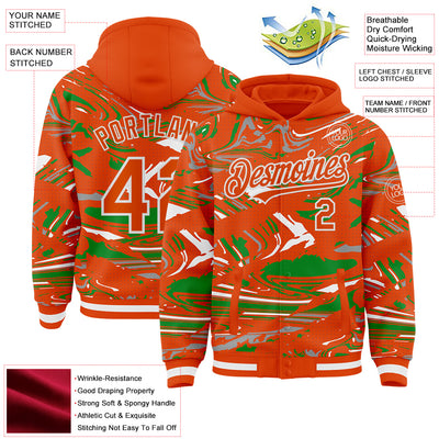 Custom Figure Orange Grass Green-White Fluid Pattern Bomber Full-Snap Varsity Letterman Hoodie Jacket