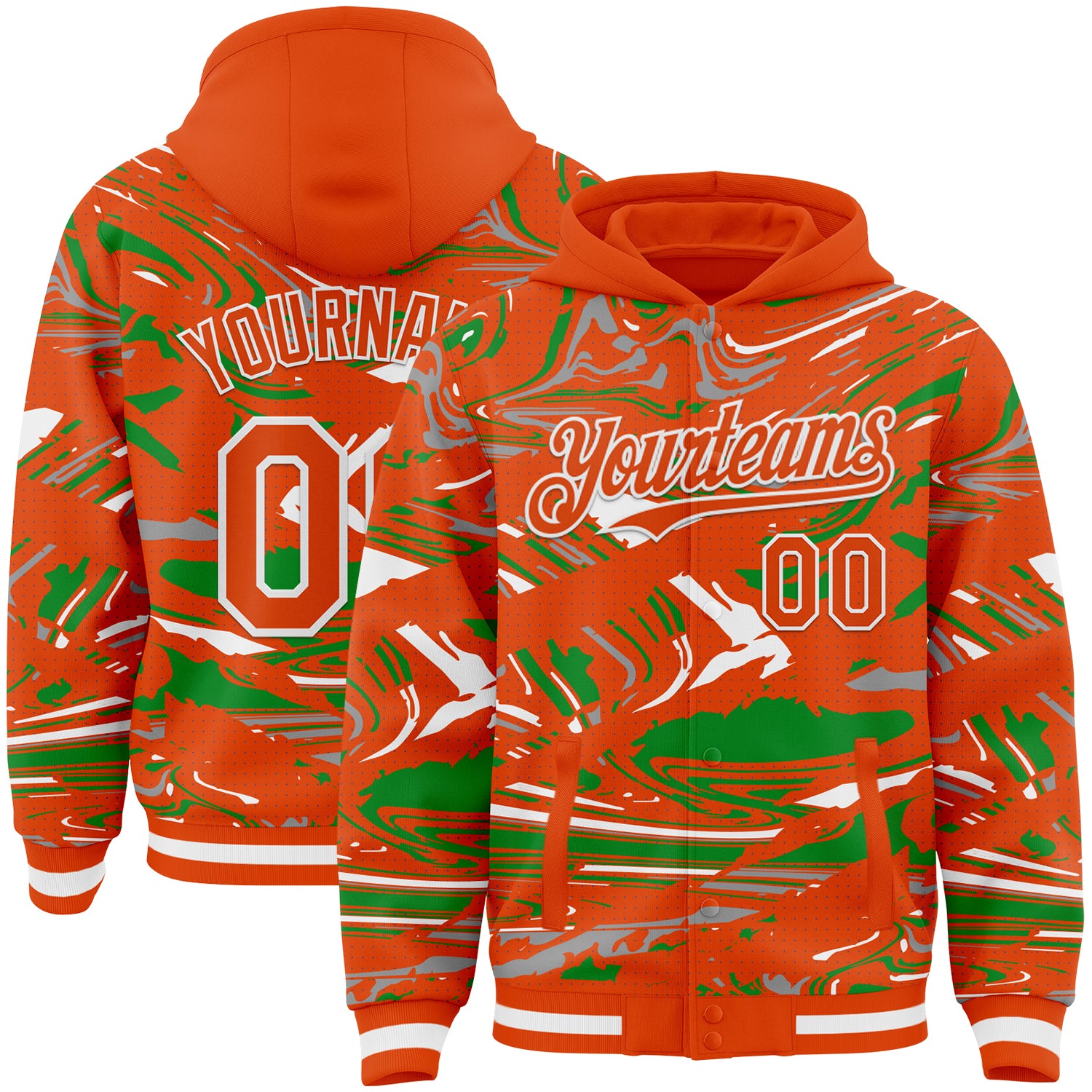 Custom Figure Orange Grass Green-White Fluid Pattern Bomber Full-Snap Varsity Letterman Hoodie Jacket