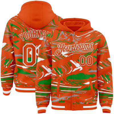 Custom Figure Orange Grass Green-White Fluid Pattern Bomber Full-Snap Varsity Letterman Hoodie Jacket