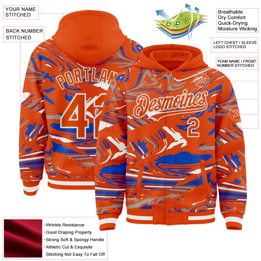 Custom Figure Orange Thunder Blue-White Fluid Pattern Bomber Full-Snap Varsity Letterman Hoodie Jacket
