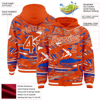 Custom Figure Orange Thunder Blue-White Fluid Pattern Bomber Full-Snap Varsity Letterman Hoodie Jacket