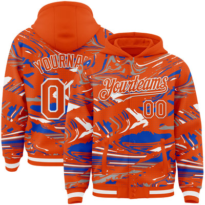 Custom Figure Orange Thunder Blue-White Fluid Pattern Bomber Full-Snap Varsity Letterman Hoodie Jacket
