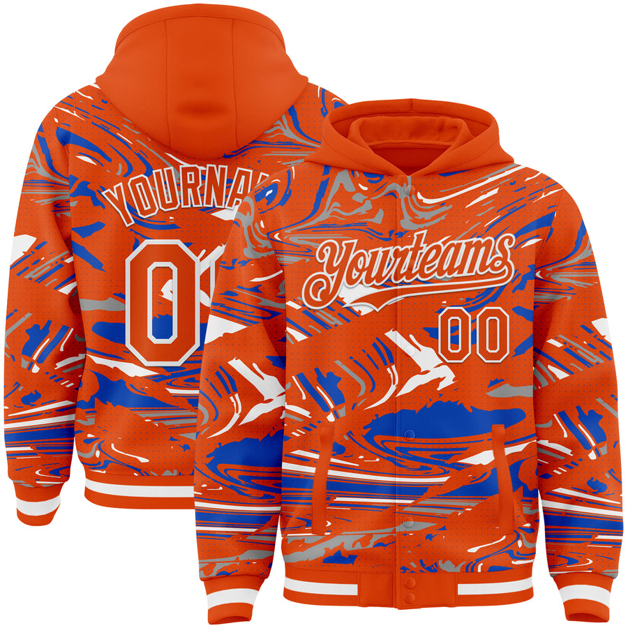 Custom Figure Orange Thunder Blue-White Fluid Pattern Bomber Full-Snap Varsity Letterman Hoodie Jacket
