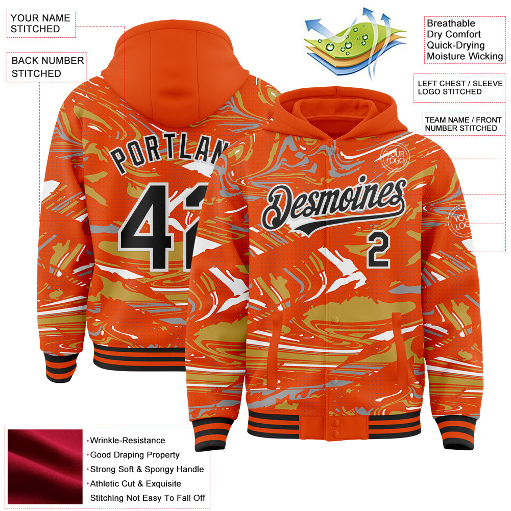 Custom Figure Black Orange Old Gold-White Fluid Pattern Bomber Full-Snap Varsity Letterman Hoodie Jacket