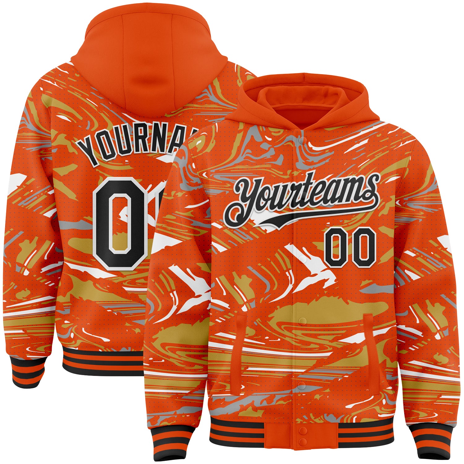 Custom Figure Black Orange Old Gold-White Fluid Pattern Bomber Full-Snap Varsity Letterman Hoodie Jacket
