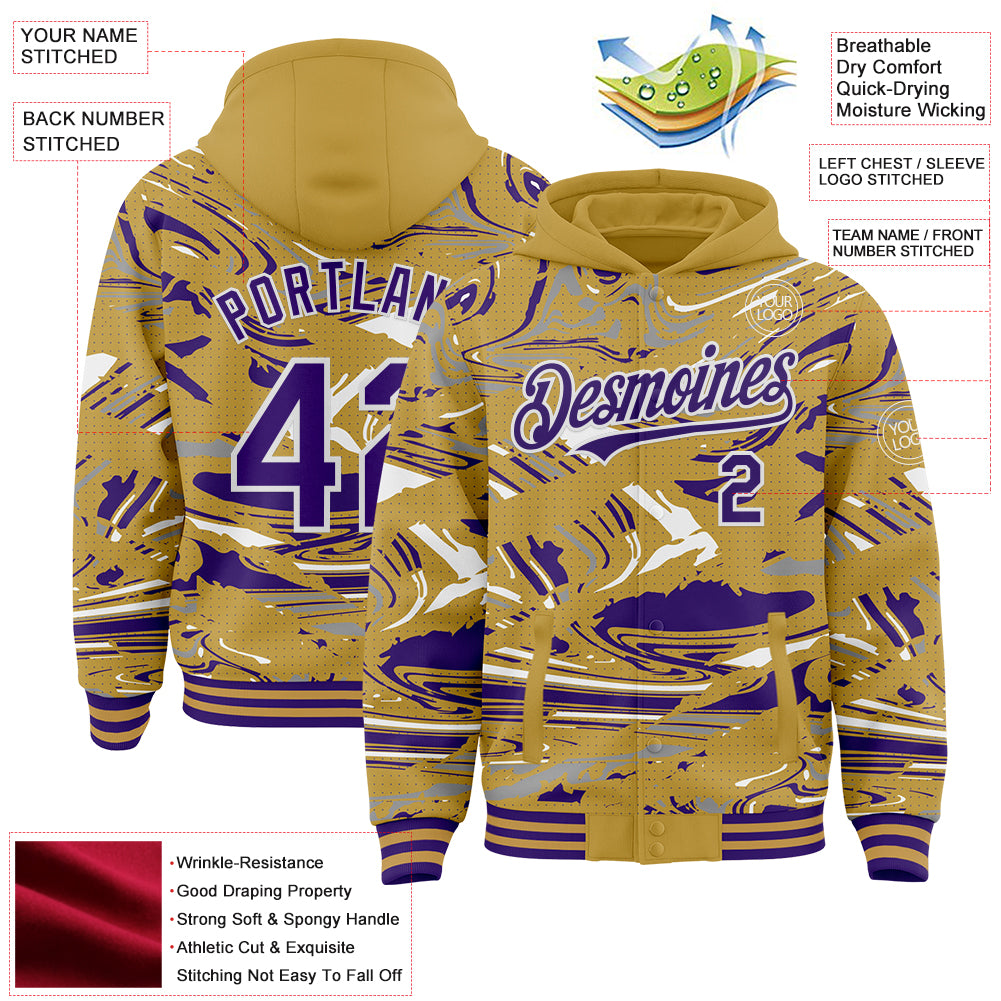 Custom Figure Purple Old Gold-White Fluid Pattern Bomber Full-Snap Varsity Letterman Hoodie Jacket