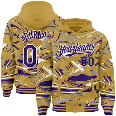 Custom Figure Purple Old Gold-White Fluid Pattern Bomber Full-Snap Varsity Letterman Hoodie Jacket