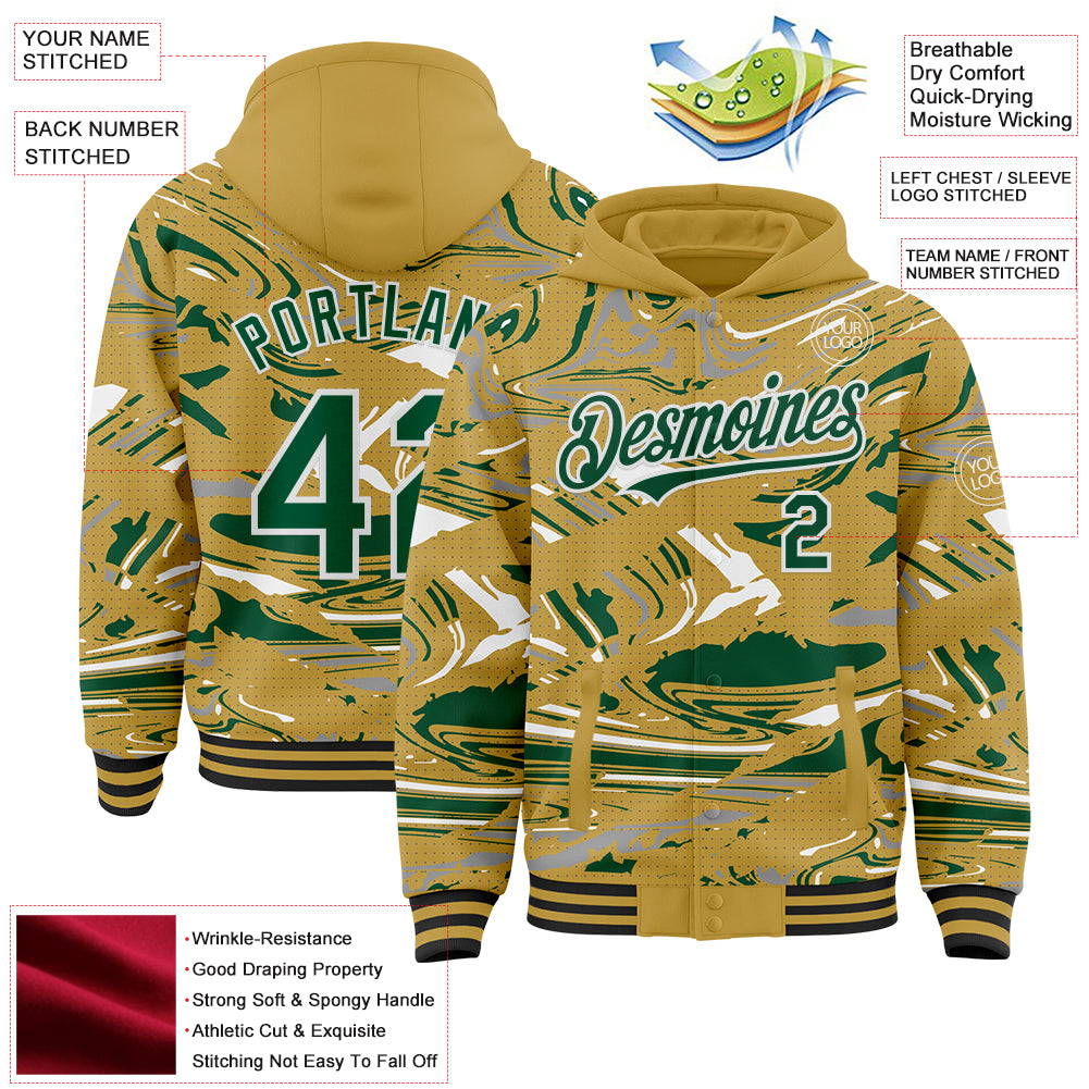 Custom Figure Kelly Green Old Gold Black-White Fluid Pattern Bomber Full-Snap Varsity Letterman Hoodie Jacket