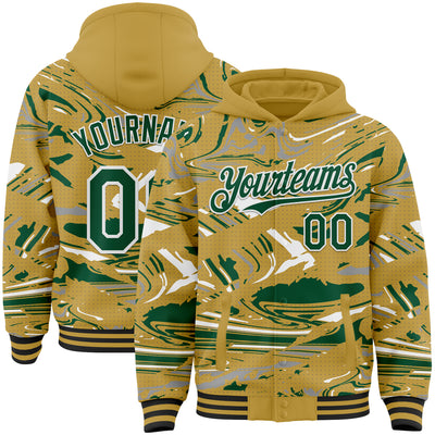 Custom Figure Kelly Green Old Gold Black-White Fluid Pattern Bomber Full-Snap Varsity Letterman Hoodie Jacket