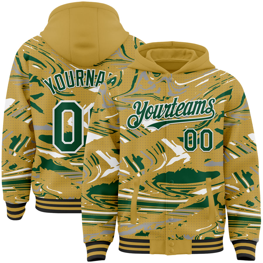 Custom Figure Kelly Green Old Gold Black-White Fluid Pattern Bomber Full-Snap Varsity Letterman Hoodie Jacket