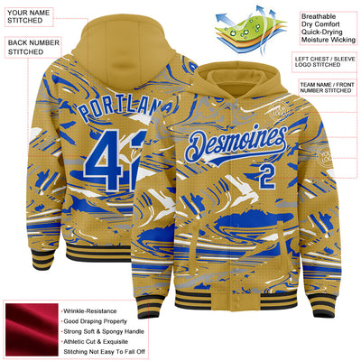 Custom Figure Thunder Blue Old Gold Black-White Fluid Pattern Bomber Full-Snap Varsity Letterman Hoodie Jacket