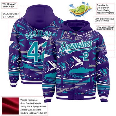 Custom Figure Teal Purple-White Fluid Pattern Bomber Full-Snap Varsity Letterman Hoodie Jacket