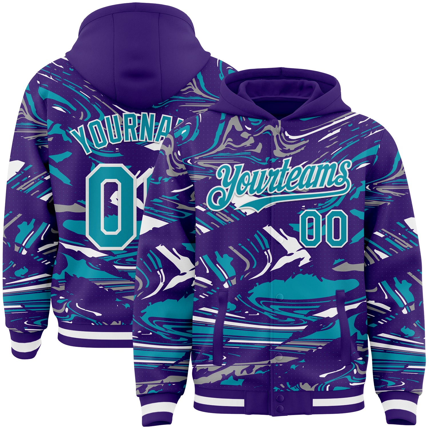 Custom Figure Teal Purple-White Fluid Pattern Bomber Full-Snap Varsity Letterman Hoodie Jacket