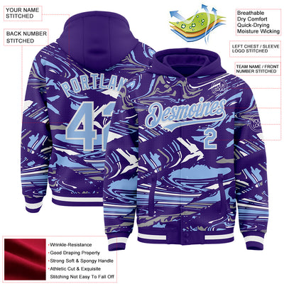 Custom Figure Light Blue Purple-White Fluid Pattern Bomber Full-Snap Varsity Letterman Hoodie Jacket