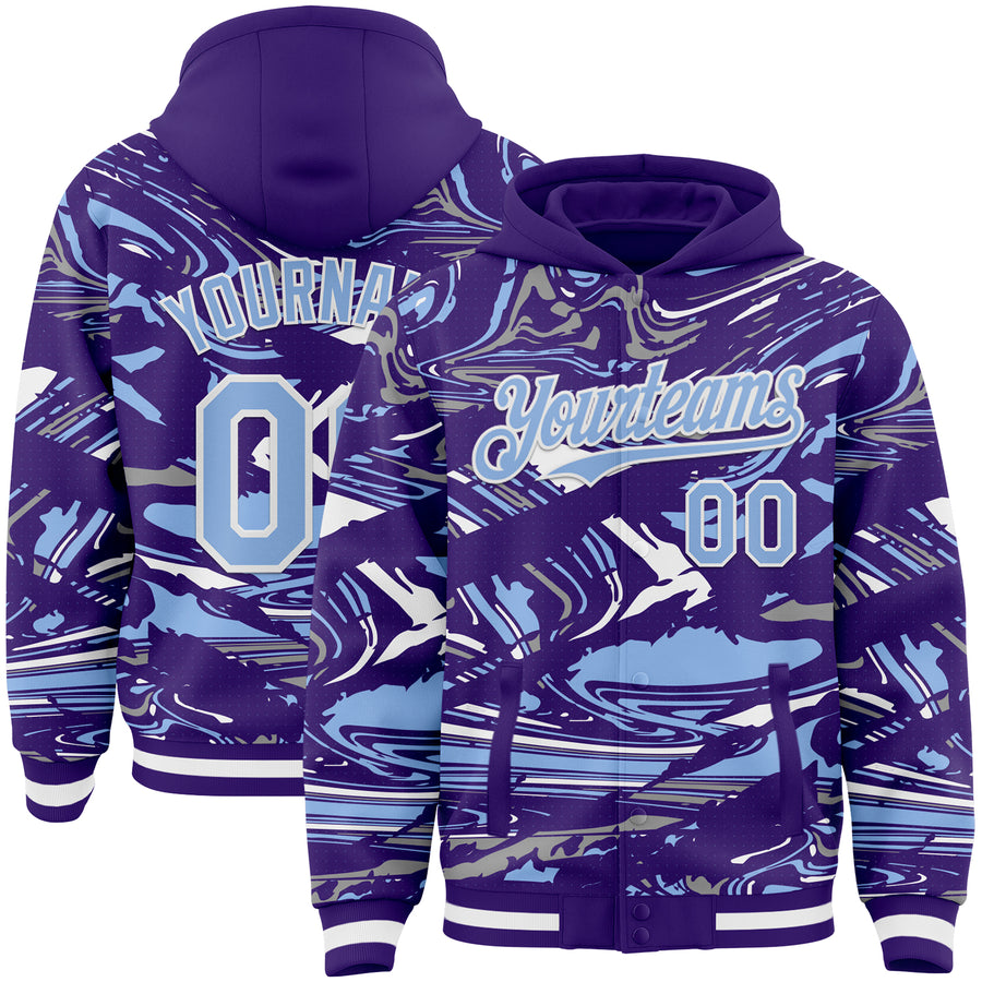Custom Figure Light Blue Purple-White Fluid Pattern Bomber Full-Snap Varsity Letterman Hoodie Jacket