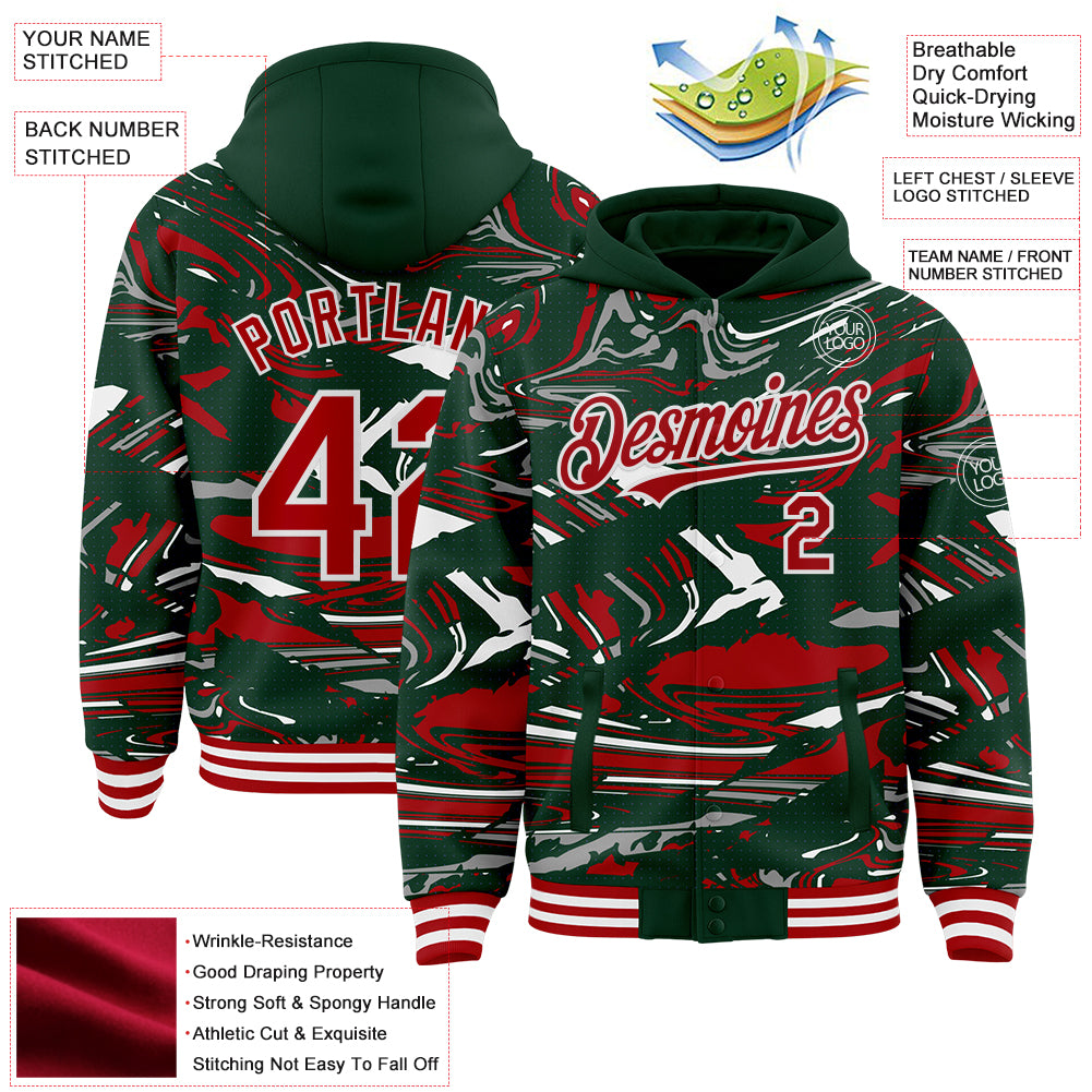 Custom Figure Red Green-White Fluid Pattern Bomber Full-Snap Varsity Letterman Hoodie Jacket
