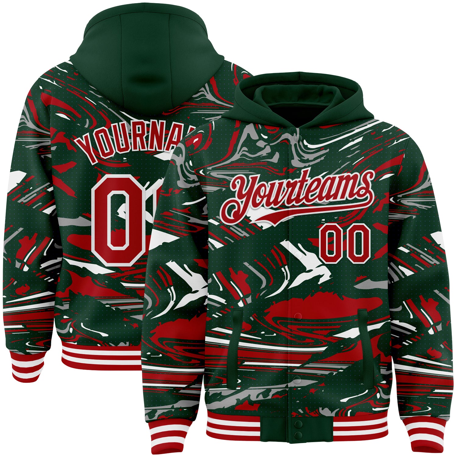 Custom Figure Red Green-White Fluid Pattern Bomber Full-Snap Varsity Letterman Hoodie Jacket