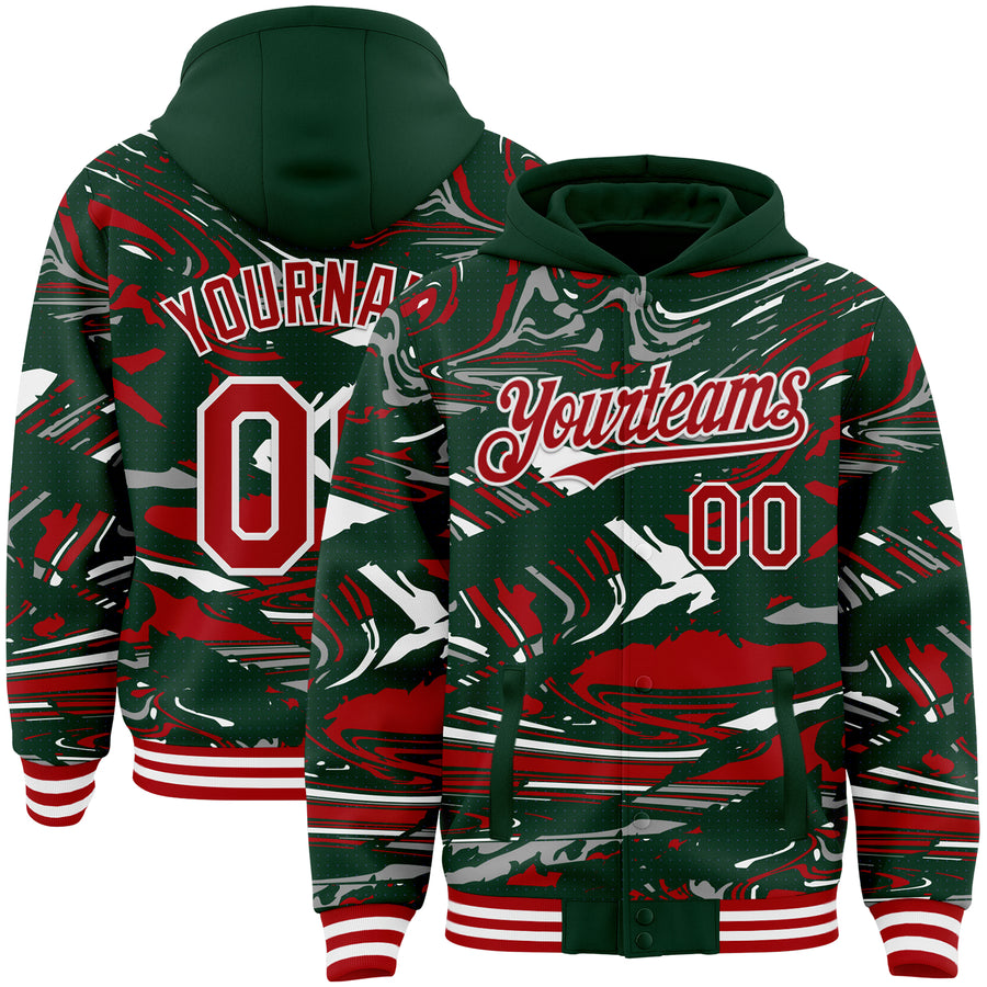 Custom Figure Red Green-White Fluid Pattern Bomber Full-Snap Varsity Letterman Hoodie Jacket