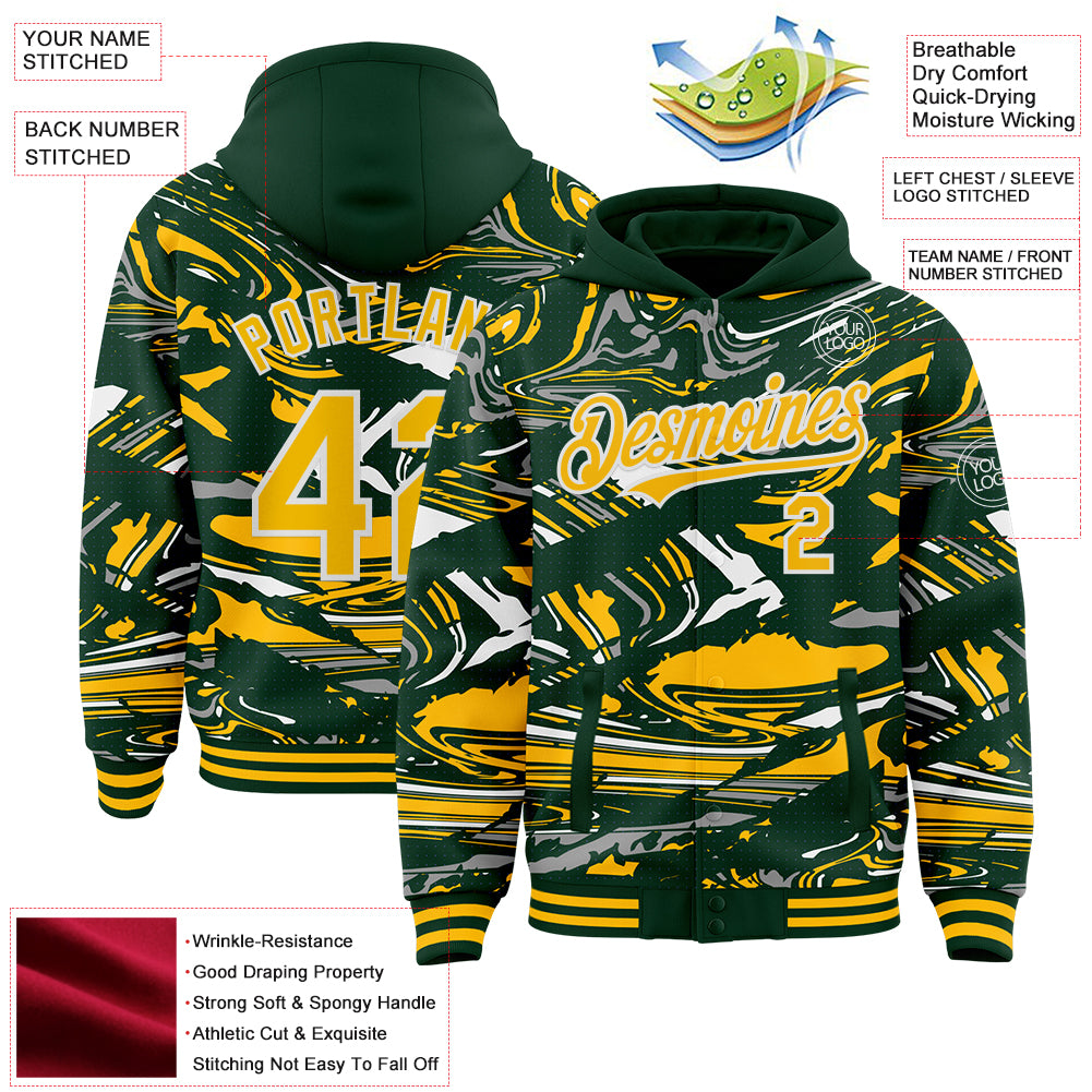 Custom Figure Gold Green-White Fluid Pattern Bomber Full-Snap Varsity Letterman Hoodie Jacket