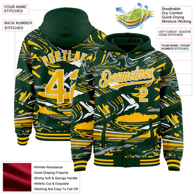 Custom Figure Gold Green-White Fluid Pattern Bomber Full-Snap Varsity Letterman Hoodie Jacket