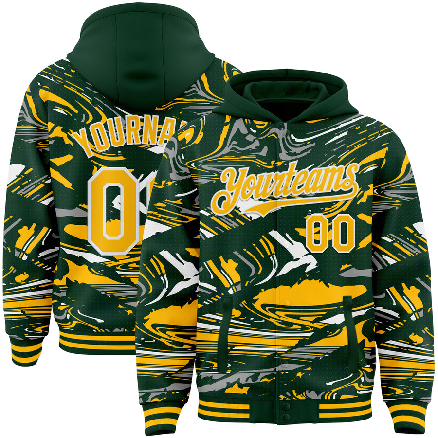 Custom Figure Gold Green-White Fluid Pattern Bomber Full-Snap Varsity Letterman Hoodie Jacket