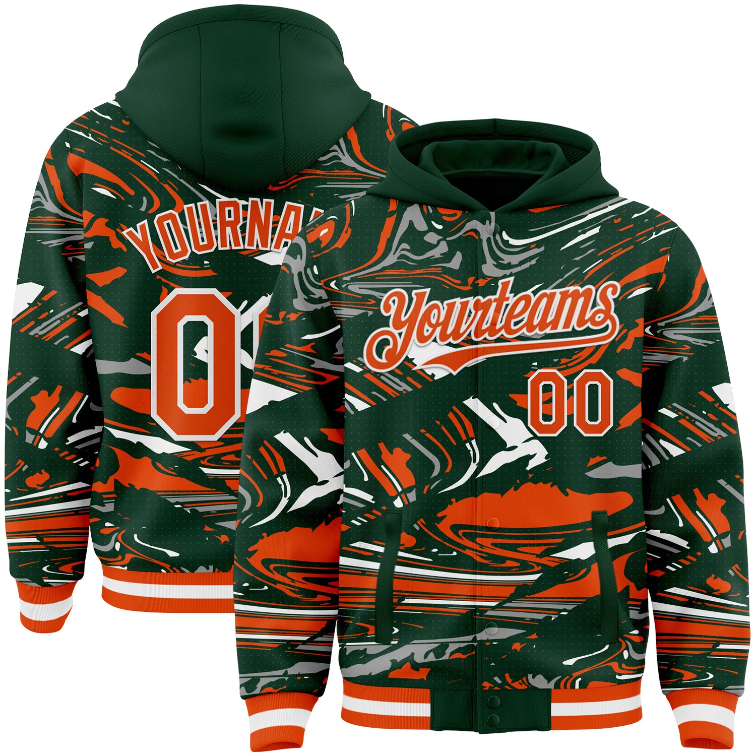 Custom Figure Orange Green-White Fluid Pattern Bomber Full-Snap Varsity Letterman Hoodie Jacket