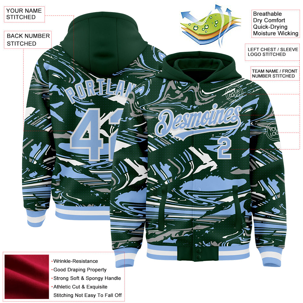 Custom Figure Light Blue Green-White Fluid Pattern Bomber Full-Snap Varsity Letterman Hoodie Jacket