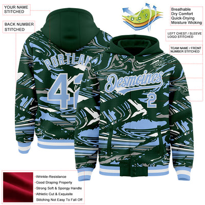 Custom Figure Light Blue Green-White Fluid Pattern Bomber Full-Snap Varsity Letterman Hoodie Jacket