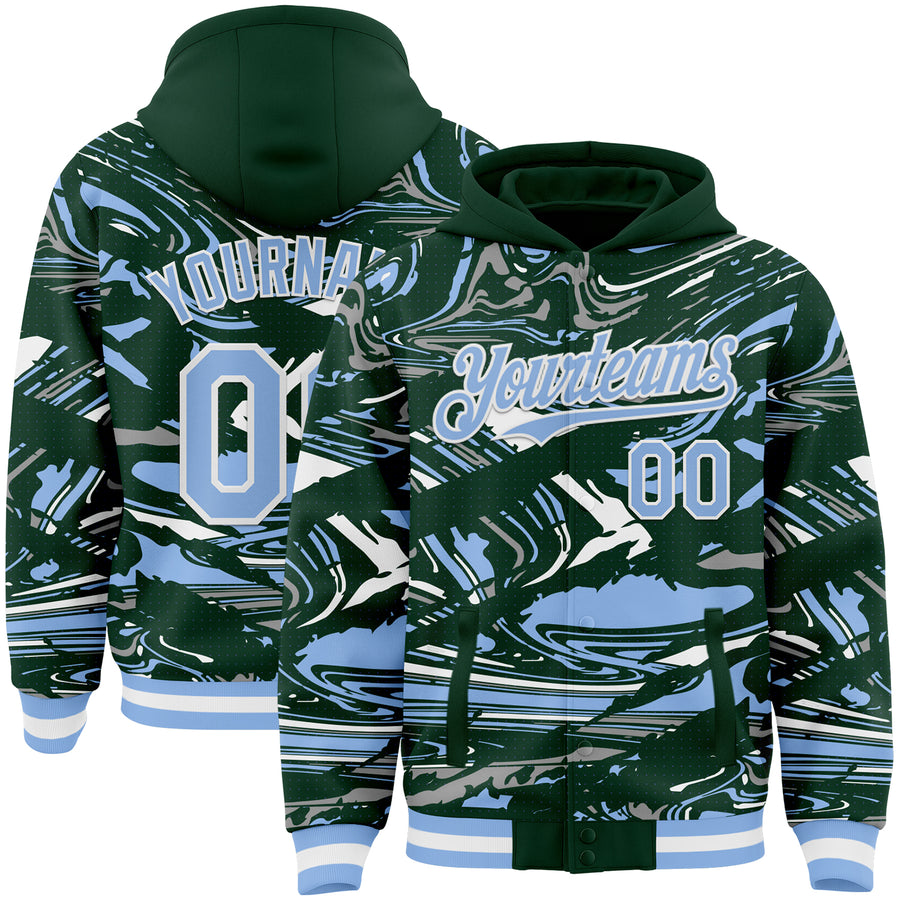 Custom Figure Light Blue Green-White Fluid Pattern Bomber Full-Snap Varsity Letterman Hoodie Jacket