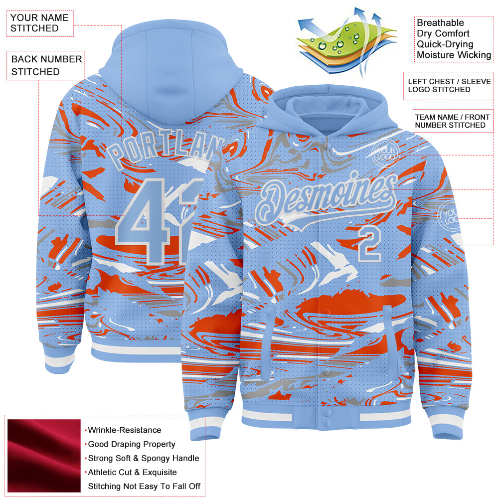 Custom Figure Light Blue Orange-White Fluid Pattern Bomber Full-Snap Varsity Letterman Hoodie Jacket