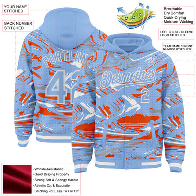 Custom Figure Light Blue Orange-White Fluid Pattern Bomber Full-Snap Varsity Letterman Hoodie Jacket