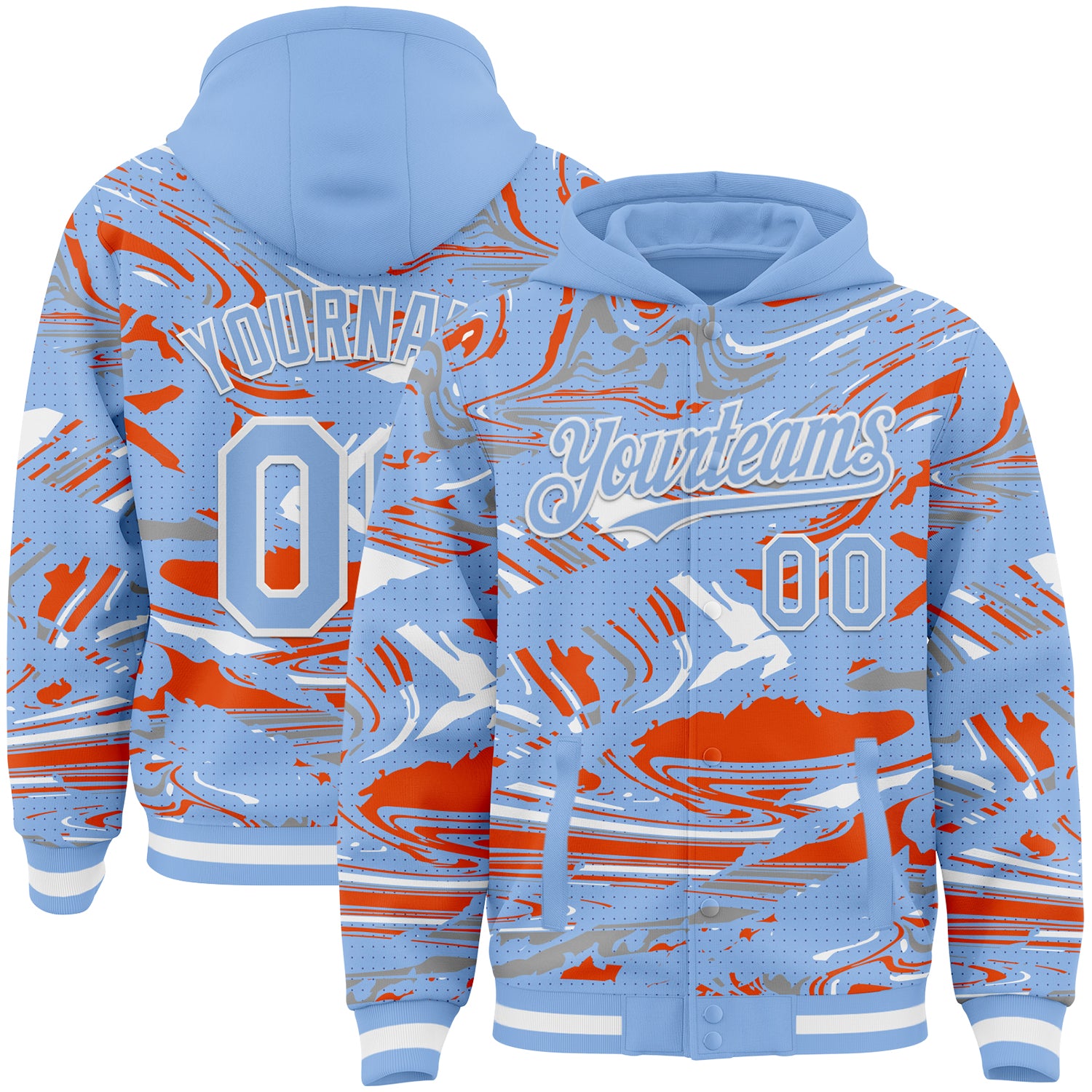 Custom Figure Light Blue Orange-White Fluid Pattern Bomber Full-Snap Varsity Letterman Hoodie Jacket