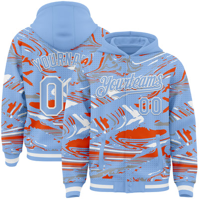 Custom Figure Light Blue Orange-White Fluid Pattern Bomber Full-Snap Varsity Letterman Hoodie Jacket