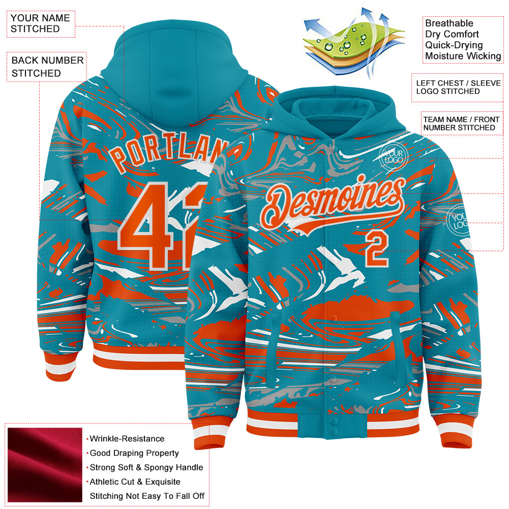 Custom Figure Orange Teal-White Fluid Pattern Bomber Full-Snap Varsity Letterman Hoodie Jacket