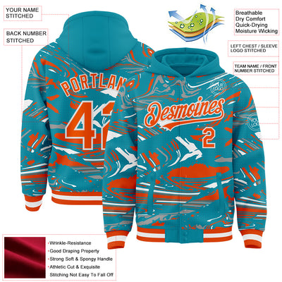 Custom Figure Orange Teal-White Fluid Pattern Bomber Full-Snap Varsity Letterman Hoodie Jacket