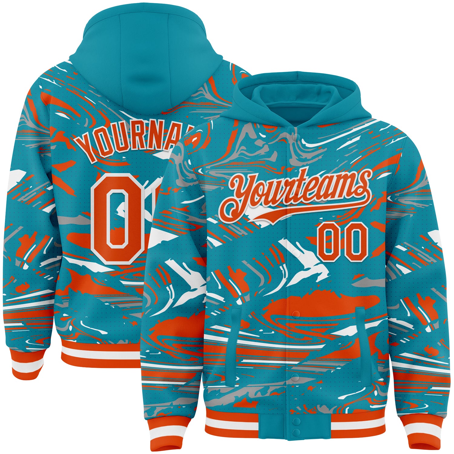Custom Figure Orange Teal-White Fluid Pattern Bomber Full-Snap Varsity Letterman Hoodie Jacket