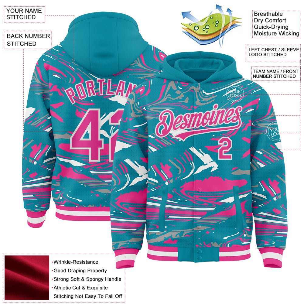 Custom Figure Pink Teal-White Fluid Pattern Bomber Full-Snap Varsity Letterman Hoodie Jacket