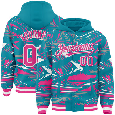 Custom Figure Pink Teal-White Fluid Pattern Bomber Full-Snap Varsity Letterman Hoodie Jacket