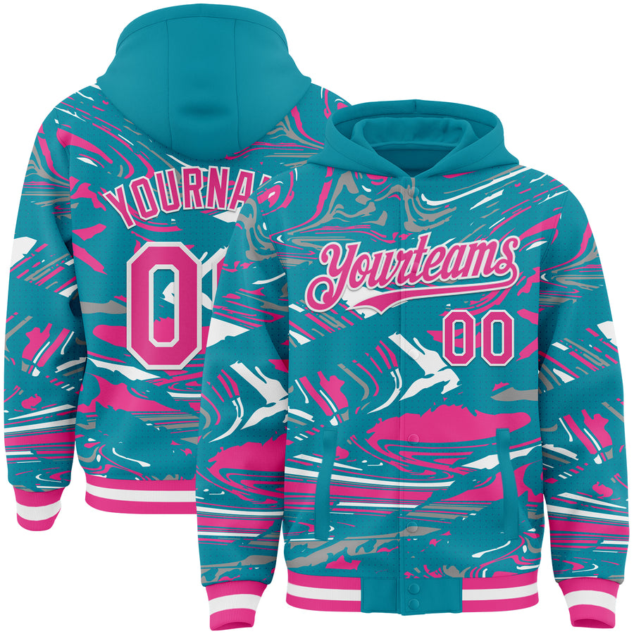 Custom Figure Pink Teal-White Fluid Pattern Bomber Full-Snap Varsity Letterman Hoodie Jacket