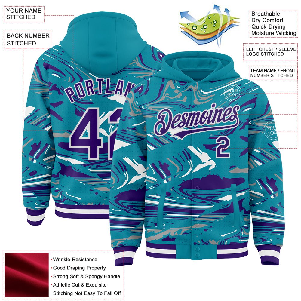 Custom Figure Purple Teal-White Fluid Pattern Bomber Full-Snap Varsity Letterman Hoodie Jacket