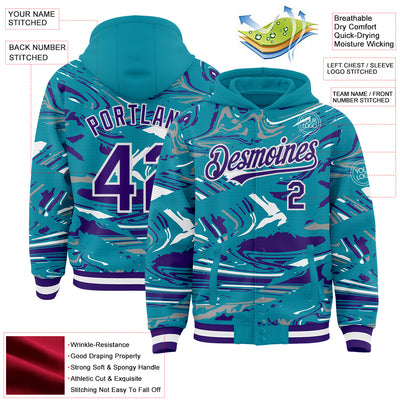 Custom Figure Purple Teal-White Fluid Pattern Bomber Full-Snap Varsity Letterman Hoodie Jacket