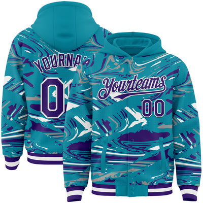Custom Figure Purple Teal-White Fluid Pattern Bomber Full-Snap Varsity Letterman Hoodie Jacket