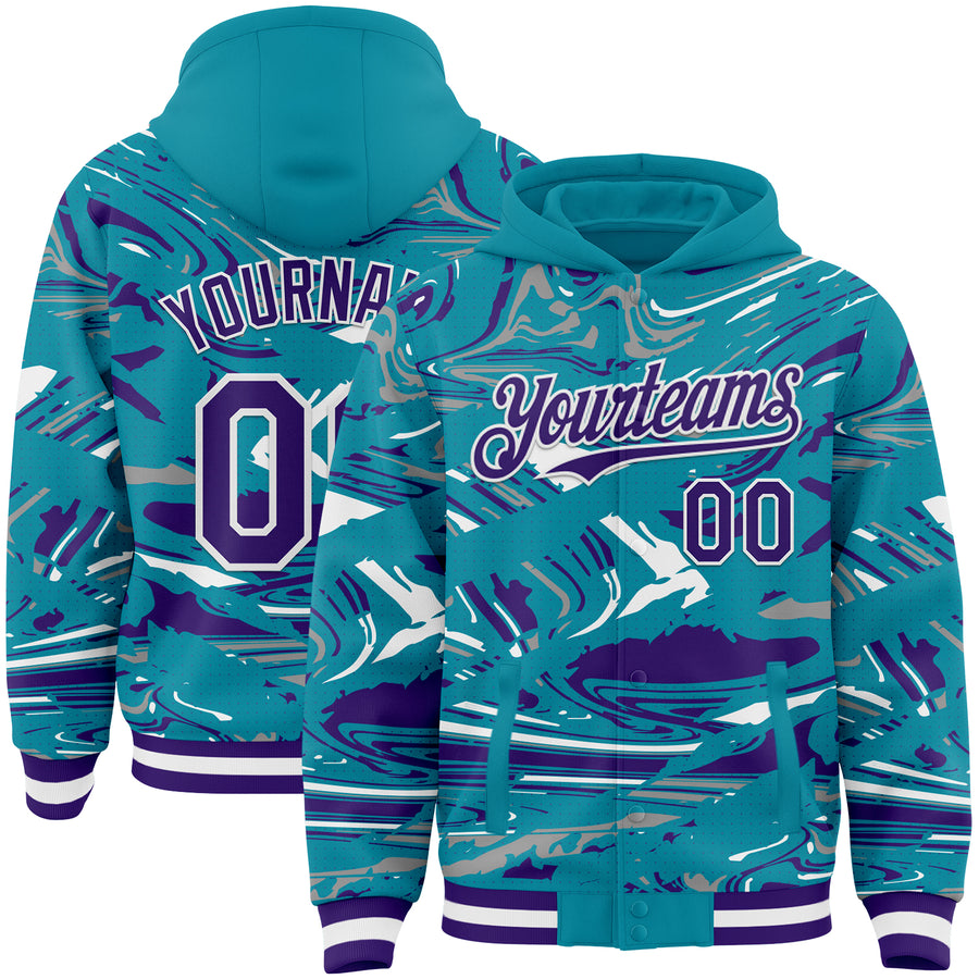 Custom Figure Purple Teal-White Fluid Pattern Bomber Full-Snap Varsity Letterman Hoodie Jacket