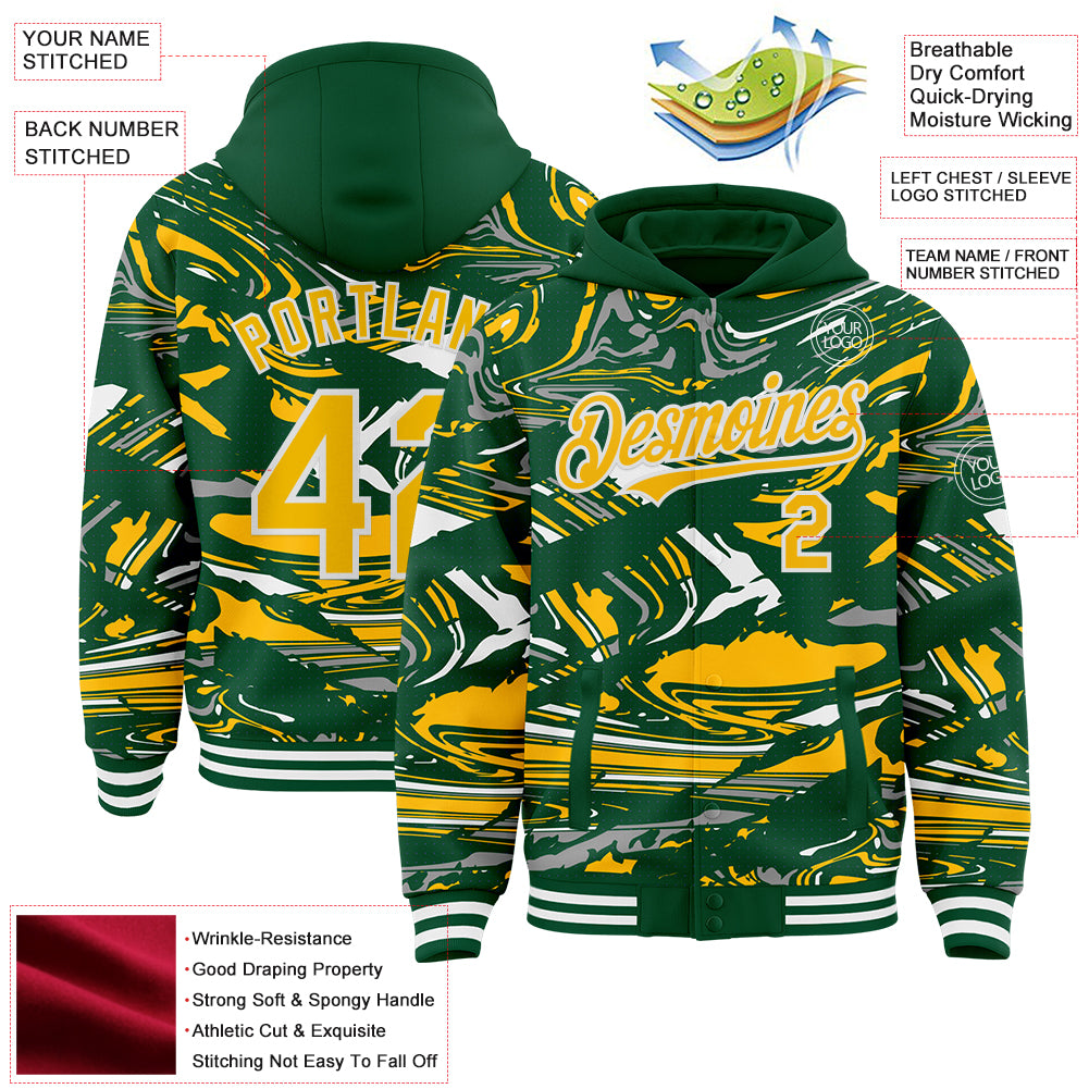 Custom Figure Gold Kelly Green-White Fluid Pattern Bomber Full-Snap Varsity Letterman Hoodie Jacket