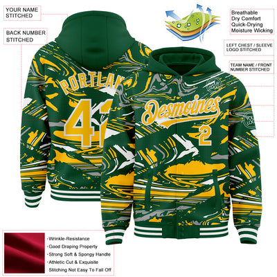 Custom Figure Gold Kelly Green-White Fluid Pattern Bomber Full-Snap Varsity Letterman Hoodie Jacket