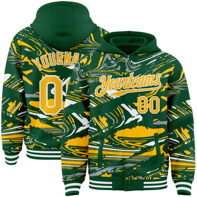 Custom Figure Gold Kelly Green-White Fluid Pattern Bomber Full-Snap Varsity Letterman Hoodie Jacket