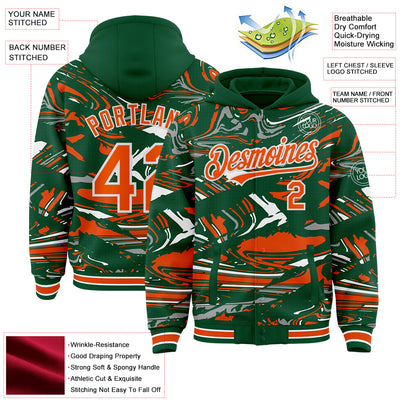 Custom Figure Orange Kelly Green-White Fluid Pattern Bomber Full-Snap Varsity Letterman Hoodie Jacket
