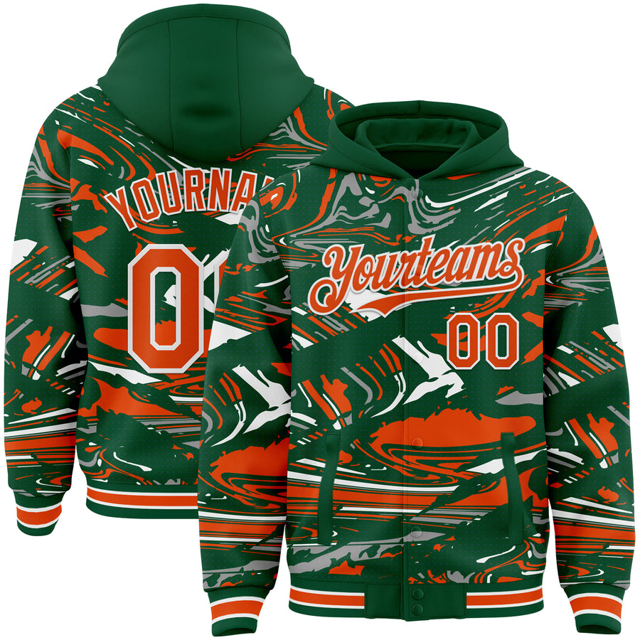 Custom Figure Orange Kelly Green-White Fluid Pattern Bomber Full-Snap Varsity Letterman Hoodie Jacket