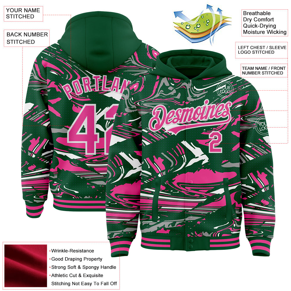 Custom Figure Pink Kelly Green-White Fluid Pattern Bomber Full-Snap Varsity Letterman Hoodie Jacket